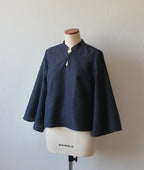 // gourd neck blouse (stem sleeve) - navy - 【3月下旬〜4月下旬お届け予定】