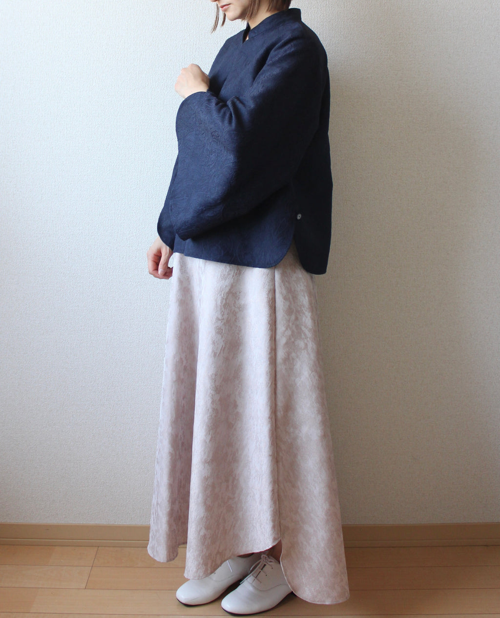 // gourd neck blouse (stem sleeve) - navy - 【3月下旬〜4月下旬お届け予定】