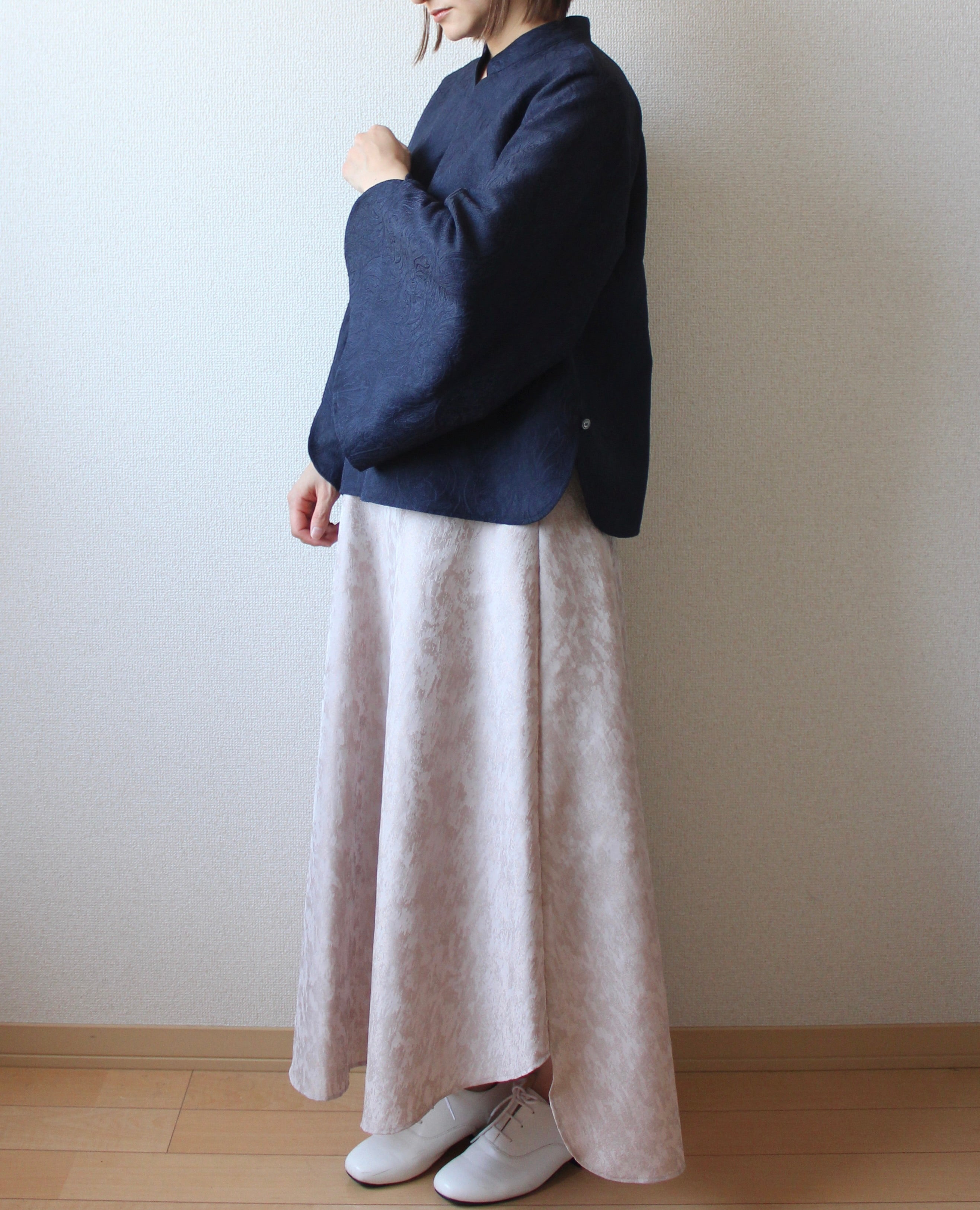 // gourd neck blouse (stem sleeve) - navy - 【3月下旬〜4月下旬お届け予定】