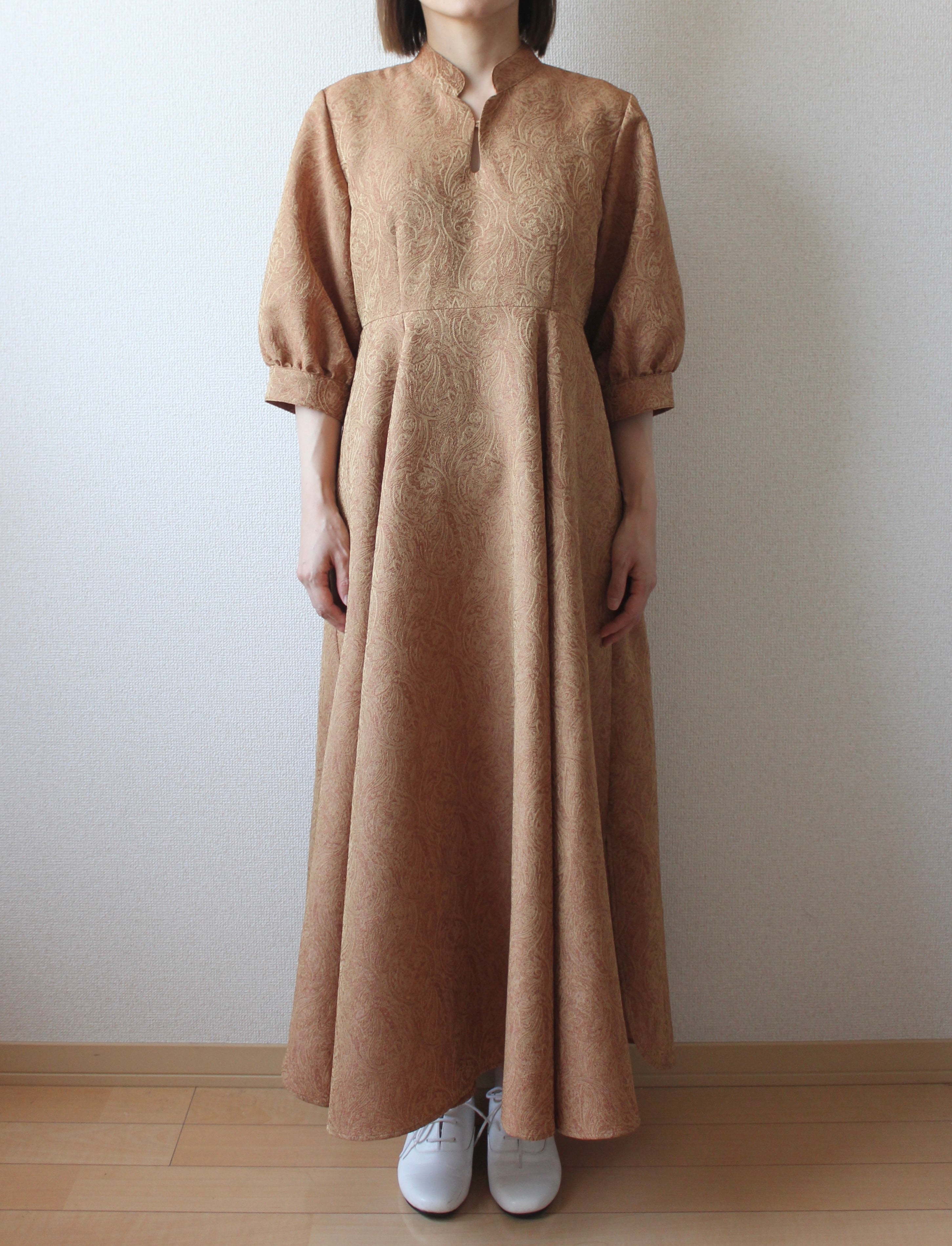 // gourd neck one piece (half sleeve) - orange beige - 【3月下旬〜4月下旬お届け予定】